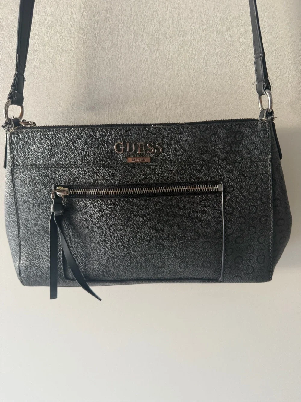 Guess Black Logo-Print Shoulder Bag with Front Zip